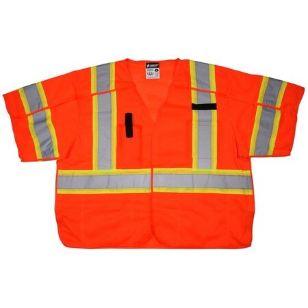 Mcr Safety Safety Vest, Surveyor Class 3, Break away, 3" Silver/Lime reflective, hook & loop, orange SURVCL3OL